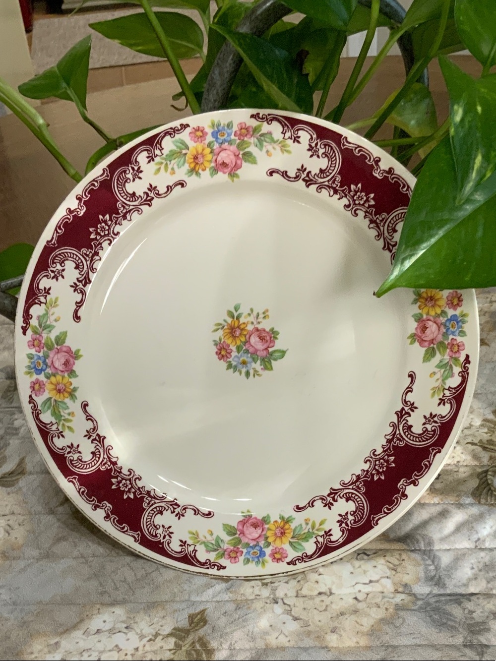 Homer Laughlin Floral Dinner Plate in Burgundy and Multi